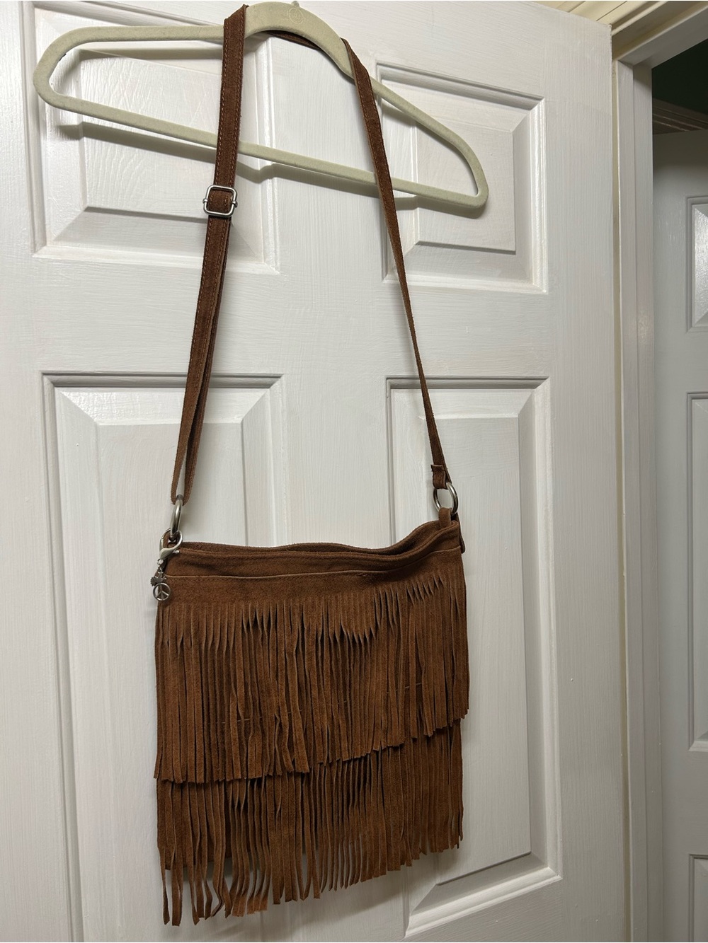 Fringed Brown Suede Crossbody Bag with Adjustable Strap